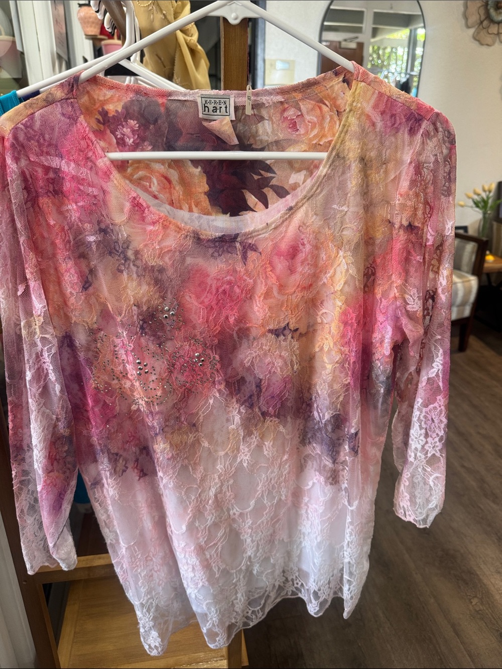 KEREN hart Pink Multicolor Floral Lace Scoop-Neck Tunic
